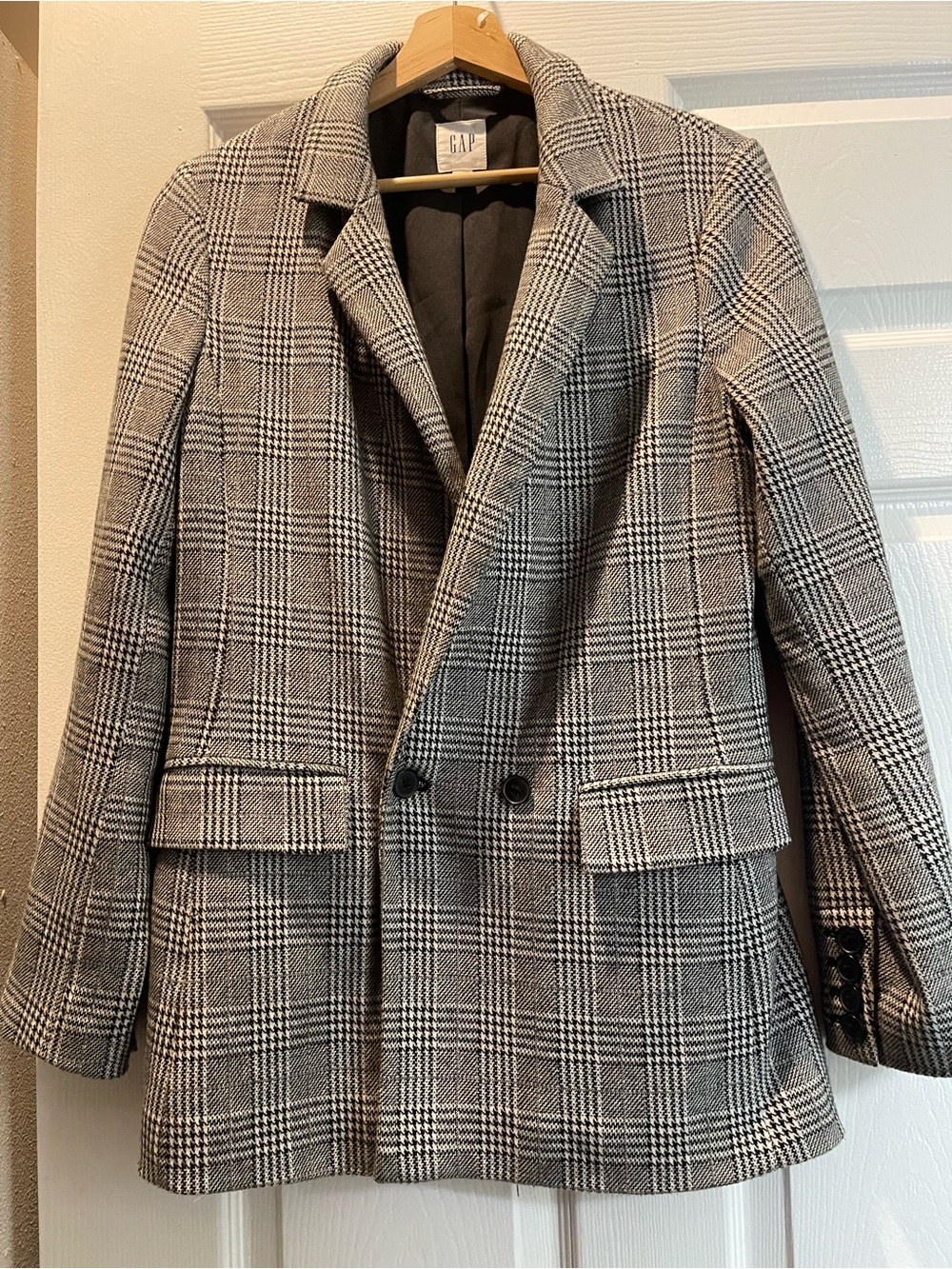 GAP Black and White Plaid Double-Breasted Blazer